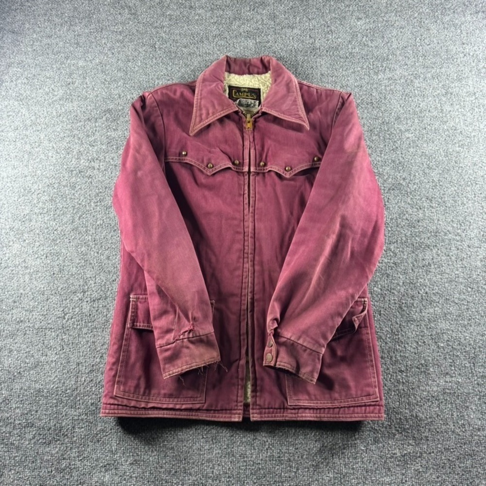VINTAGE 60s 70s Campus Jacket Mens 36 Crimson Red Sherpa Wool Western Talon